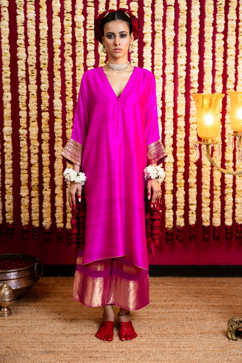 Raw Silk Textured Tunic & Benarasi Pant Set-Raani Pink raw silk kurta/kurta set by Sabo by Sabina in pink for women Worldwide