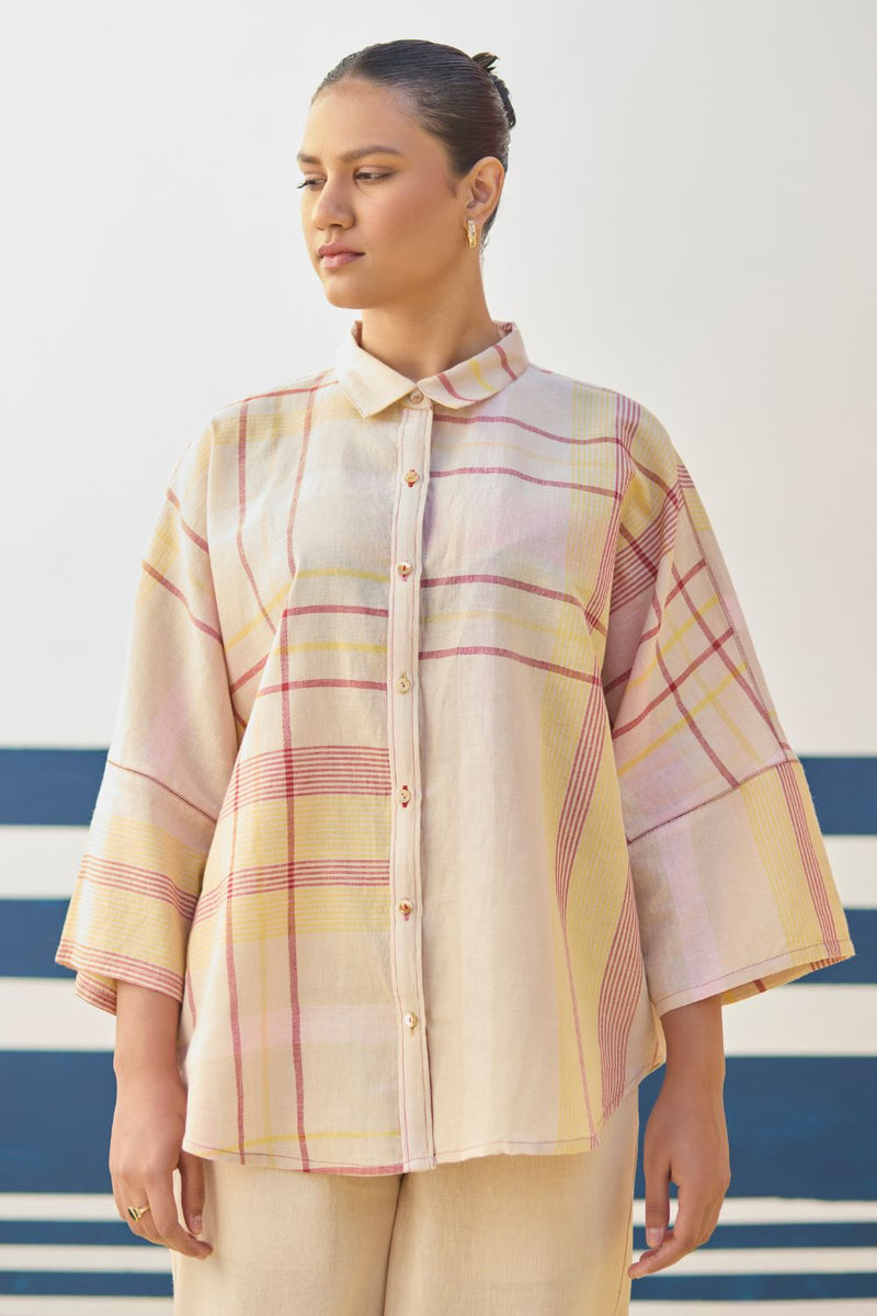 Cara Check Linen Shirt
 - Sand cotton by Manan in natural color for women Worldwide