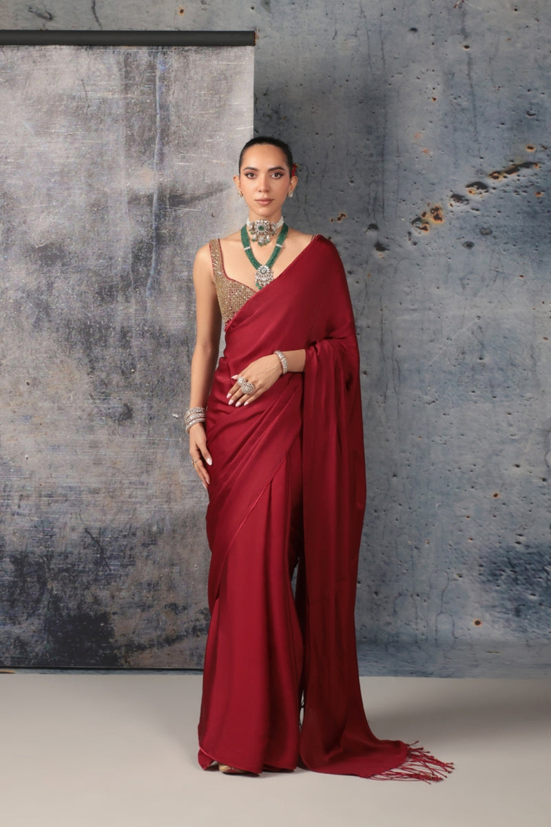 Zar-Rang Maroon Fringe Saree Set