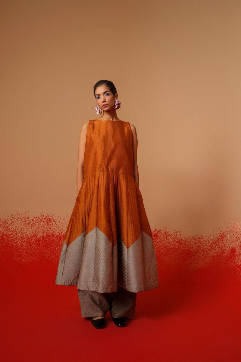 Eddy Dress-Rust Orange + Grey mysore silk dresses by Stoique in rust orange, grey for women Worldwide