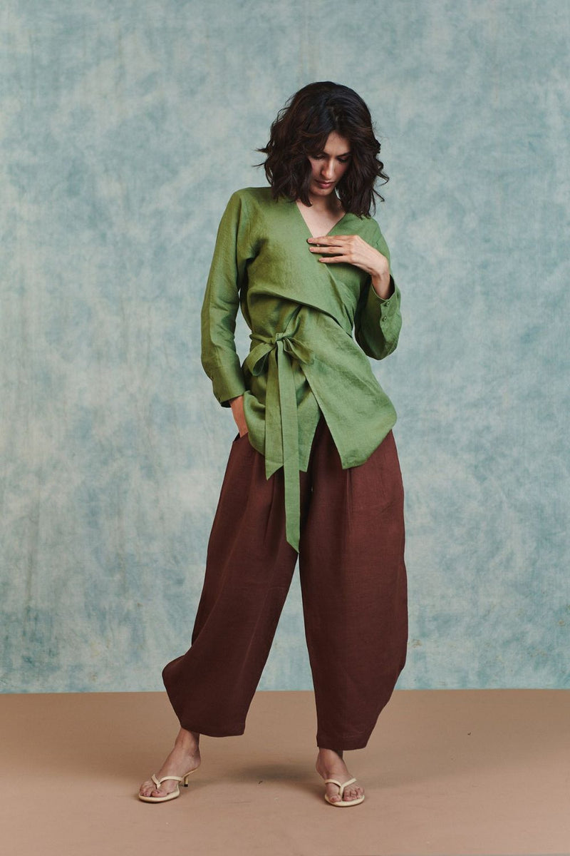 Moss Linen Wrap Top 100% pure linen top/shirt by Saphed in moss green for women Worldwide