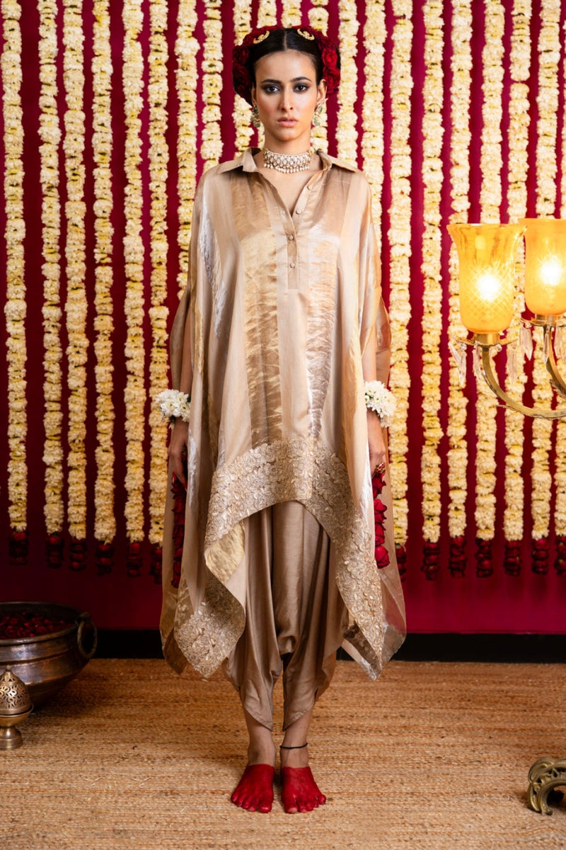 Chanderi Silk Jumpsuit & Cape Set-Beige chanderi silk indo-western by Sabo by Sabina in beige for women Worldwide