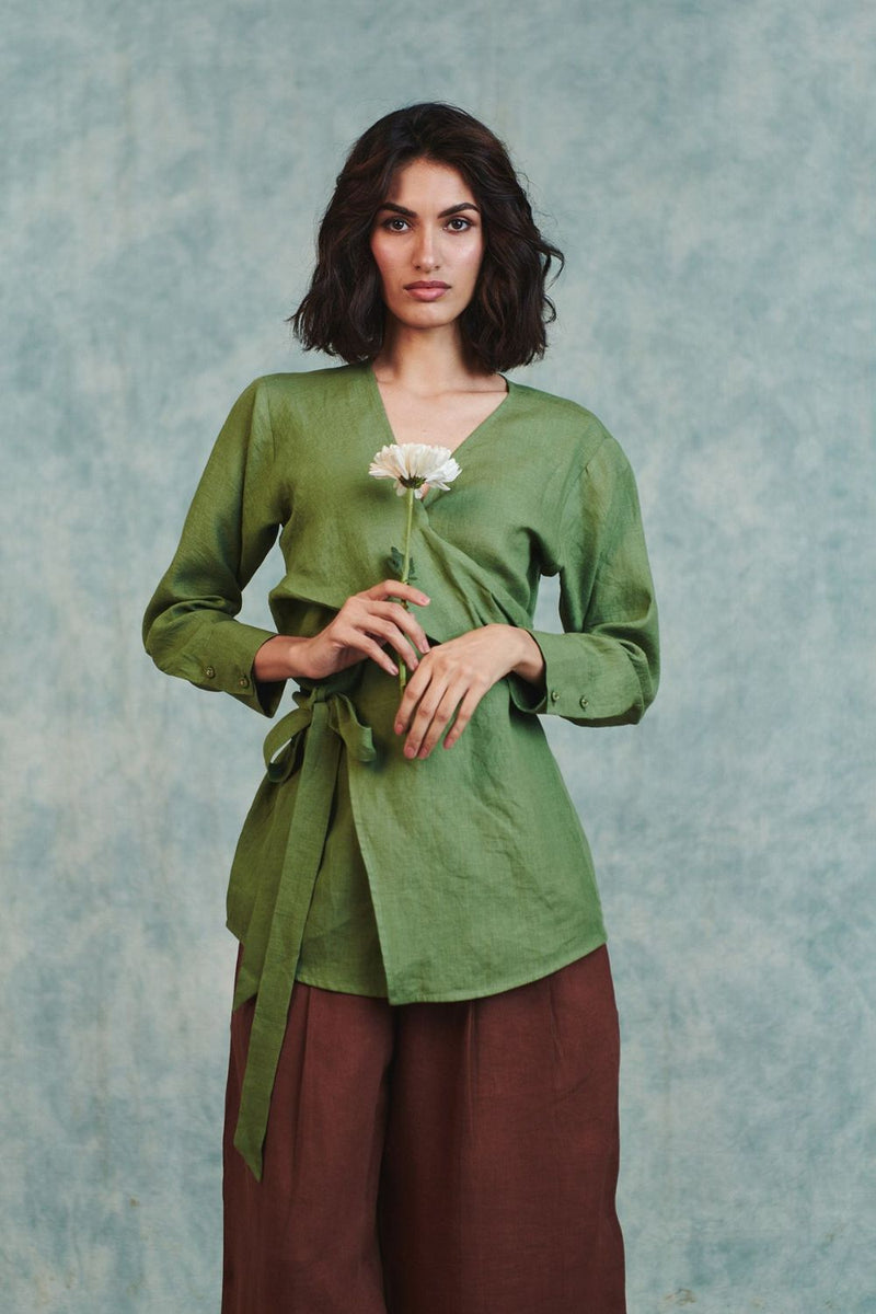 Moss Linen Wrap Top 100% pure linen top/shirt by Saphed in moss green for women Worldwide