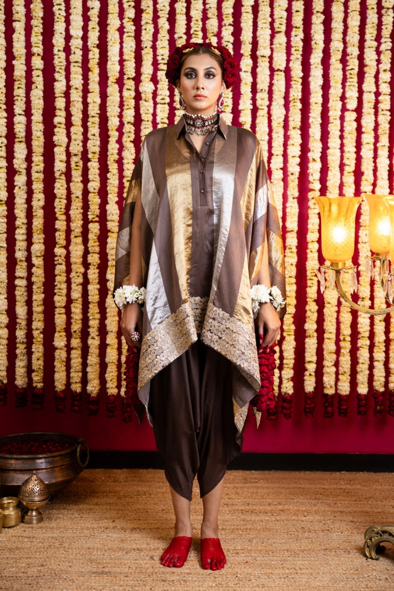 Chanderi Silk Jumpsuit & Cape Set-Chocolate Brown chanderi silk indo-western by Sabo by Sabina in brown for women Worldwide