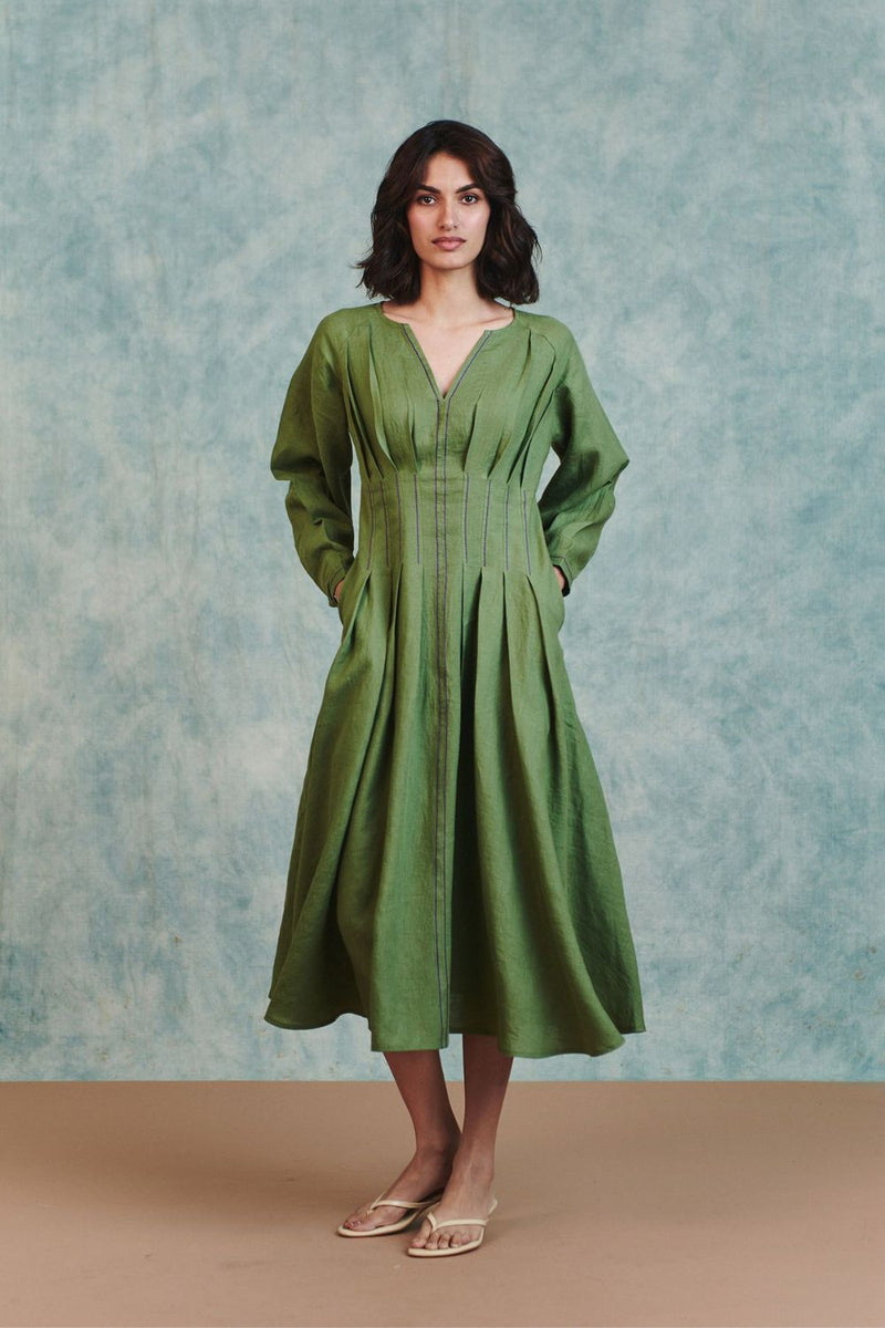 Moss Linen Pleated Waist Dress 100% pure linen dress by Saphed in moss green for women Worldwide
