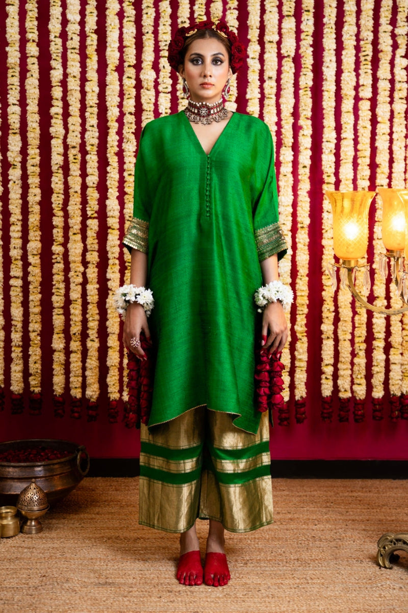 Raw Silk Textured Tunic & Benarasi Pant Set-Emerald Green raw silk kurta/kurta set by Sabo by Sabina in green for women Worldwide