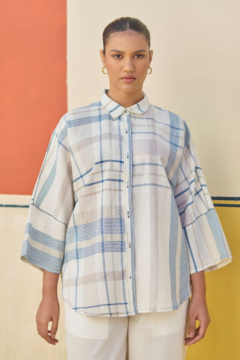 Cara Check Linen Shirt
 - Ivory cotton by Manan in ivory color for women Worldwide