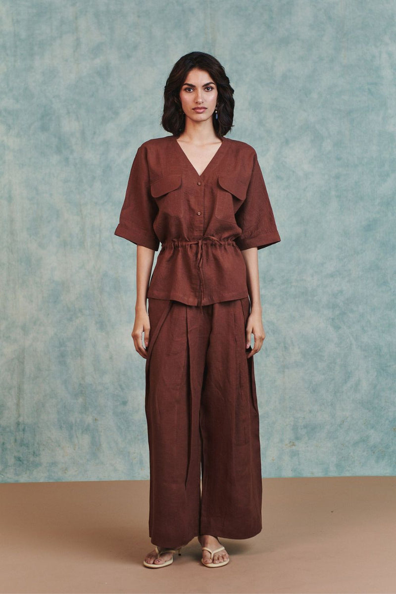 Chocolate Linen Pleated Tuck 
 Pants 100% pure linen pant/trouser by Saphed in brown for women Worldwide