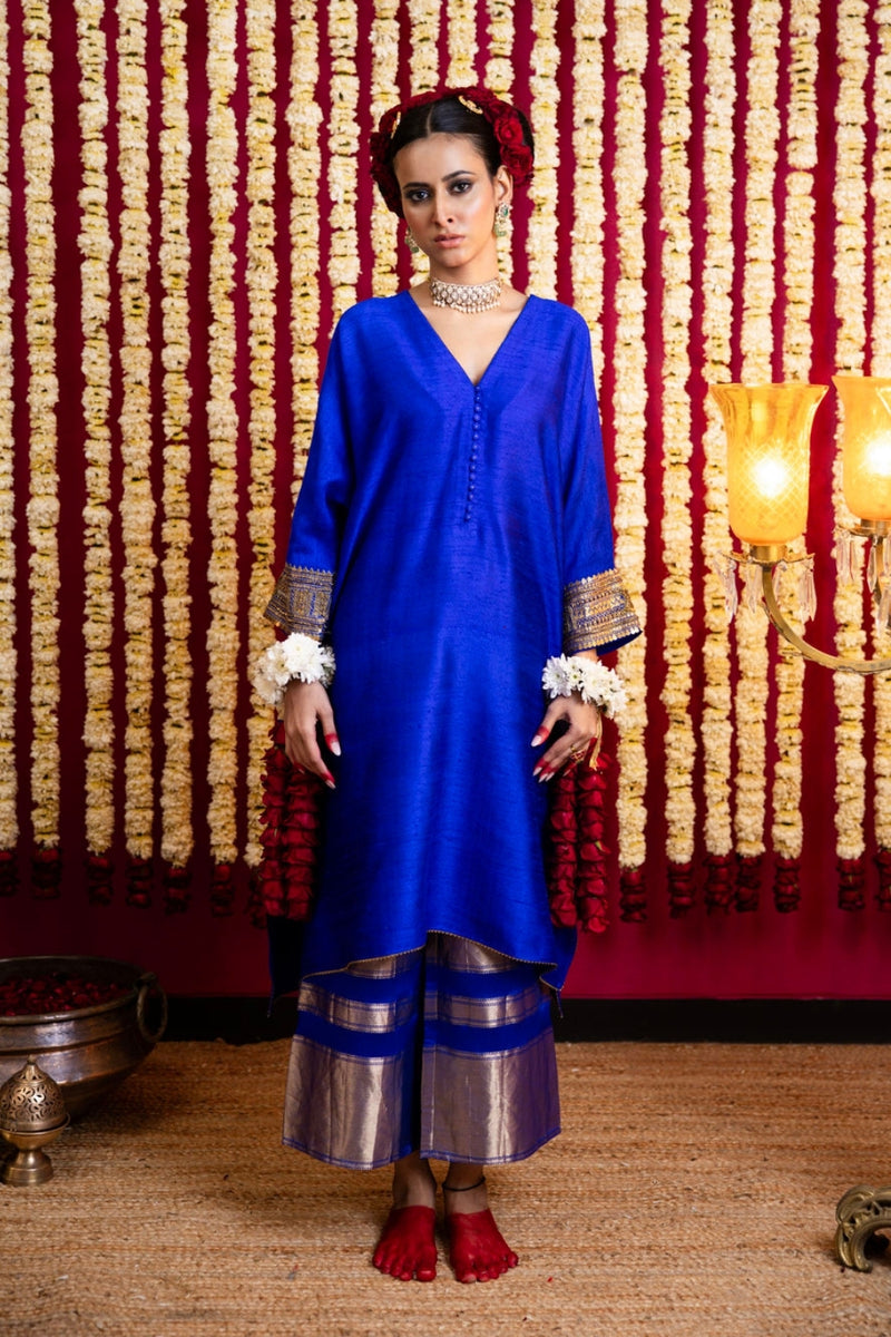 Raw Silk Textured Tunic & Benarasi Pant Set-Electric Blue raw silk kurta/kurta set by Sabo by Sabina in blue for women Worldwide