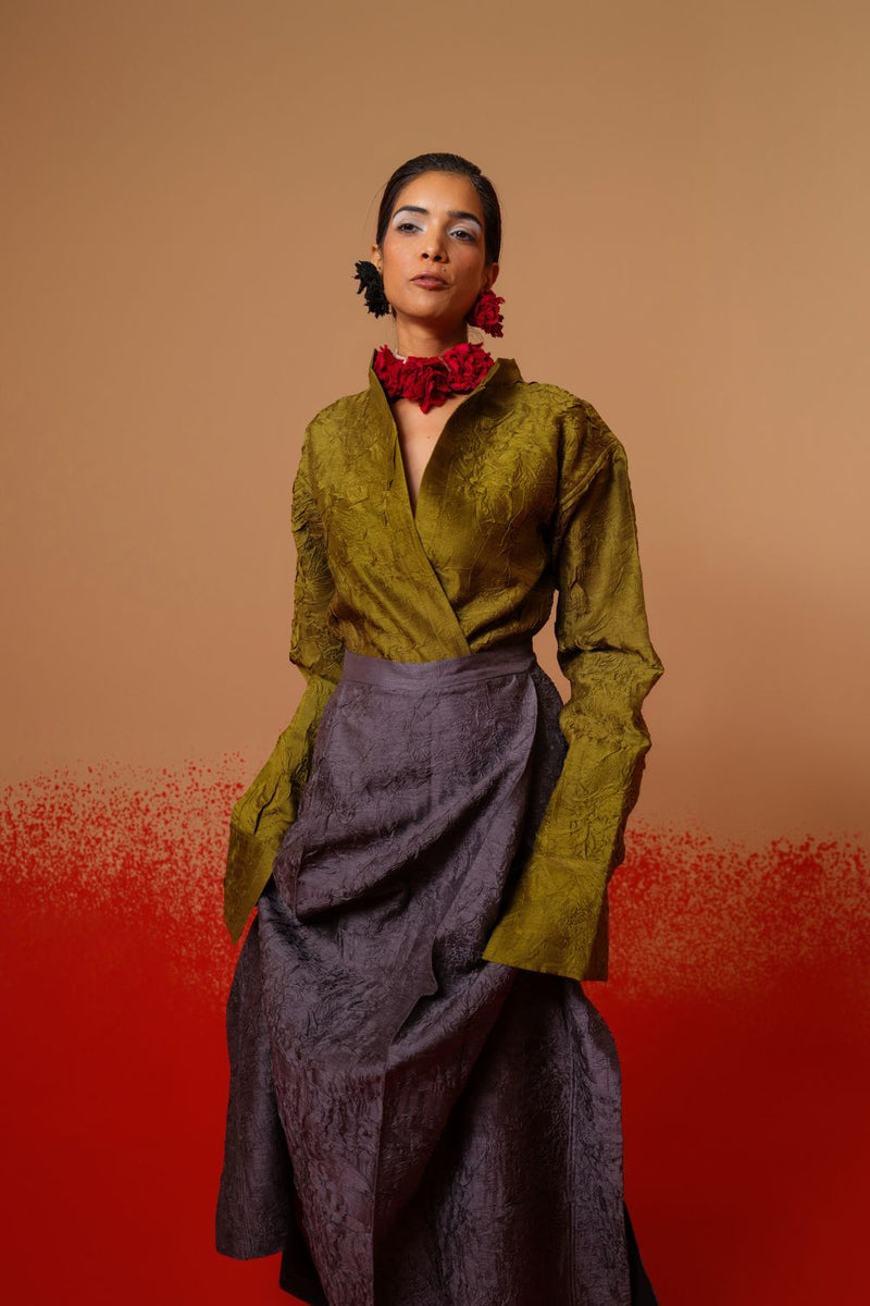 Haze Shirt-Moss Green mysore silk tops and shirts by Stoique in moss green for women Worldwide