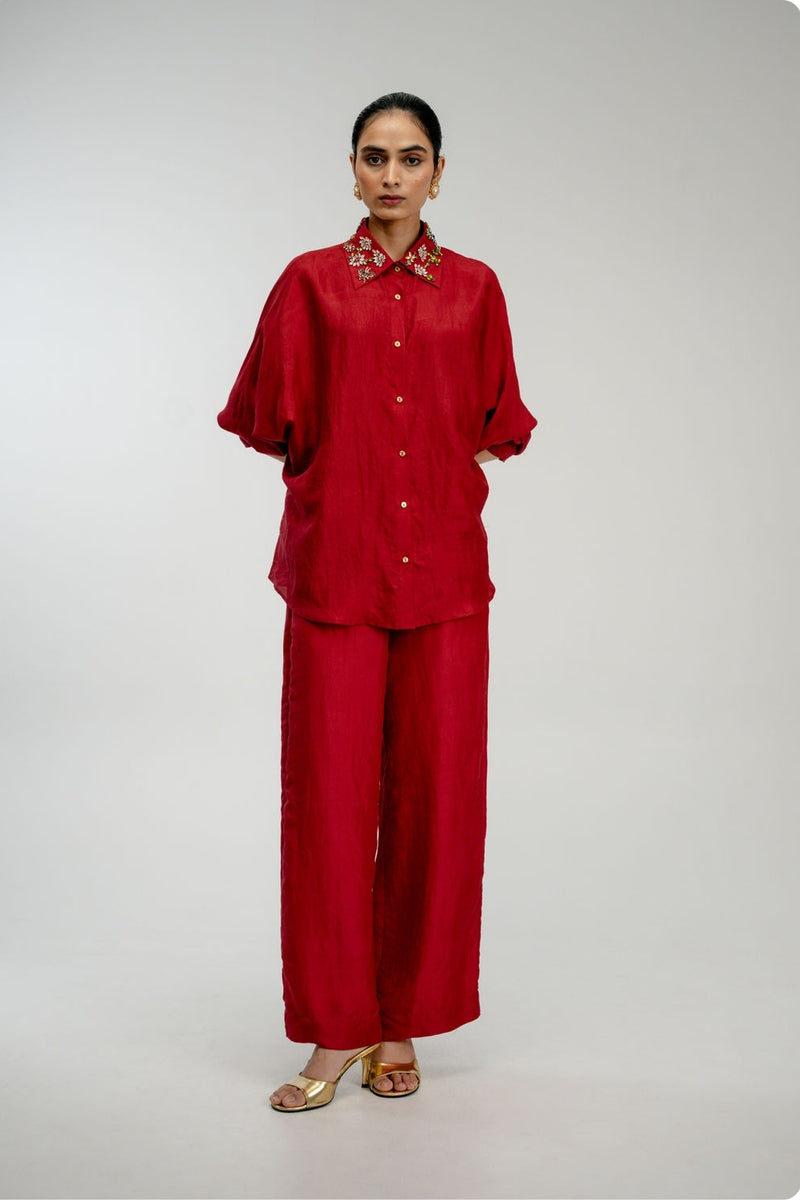 Borrowed Time Set mulberry silk co-ord set by Ode to Odd in red for women Worldwide