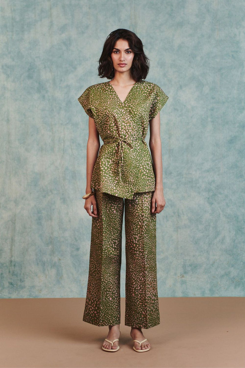 Blot Co Linen Sleeveless Wrap Blazer Set cotton linen co-ord set by Saphed in green for women Worldwide