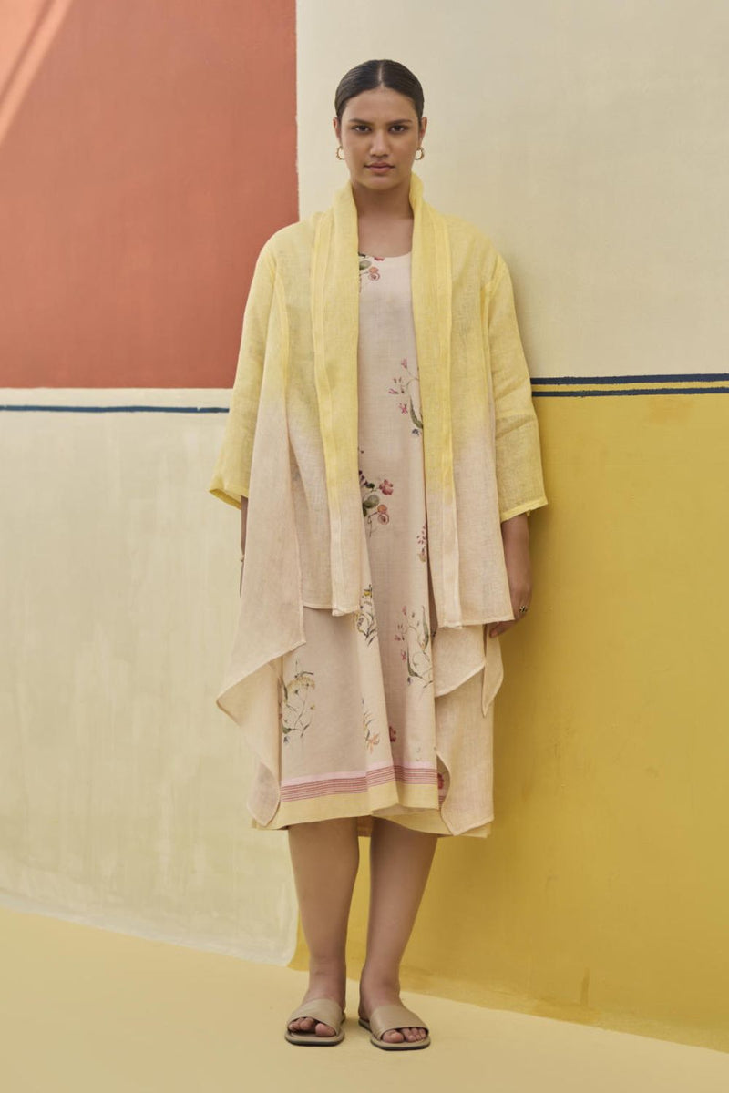 Kaya Floral Linen Dress With Overlay
 - Sand linen by Manan in natural color for women Worldwide