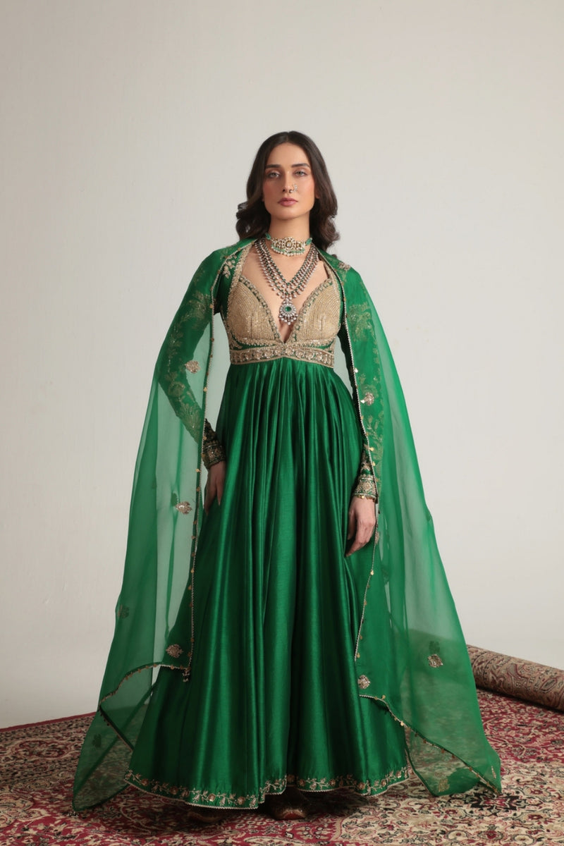 Zar-Rang Green Heavy Yoke Kalidar Set