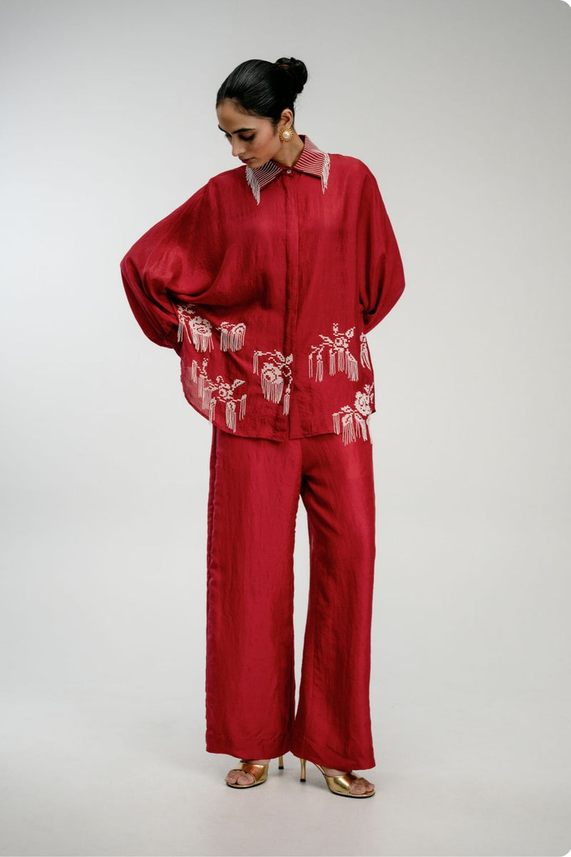 Heirloom Set mulberry silk co-ord set by Ode to Odd in red for women Worldwide