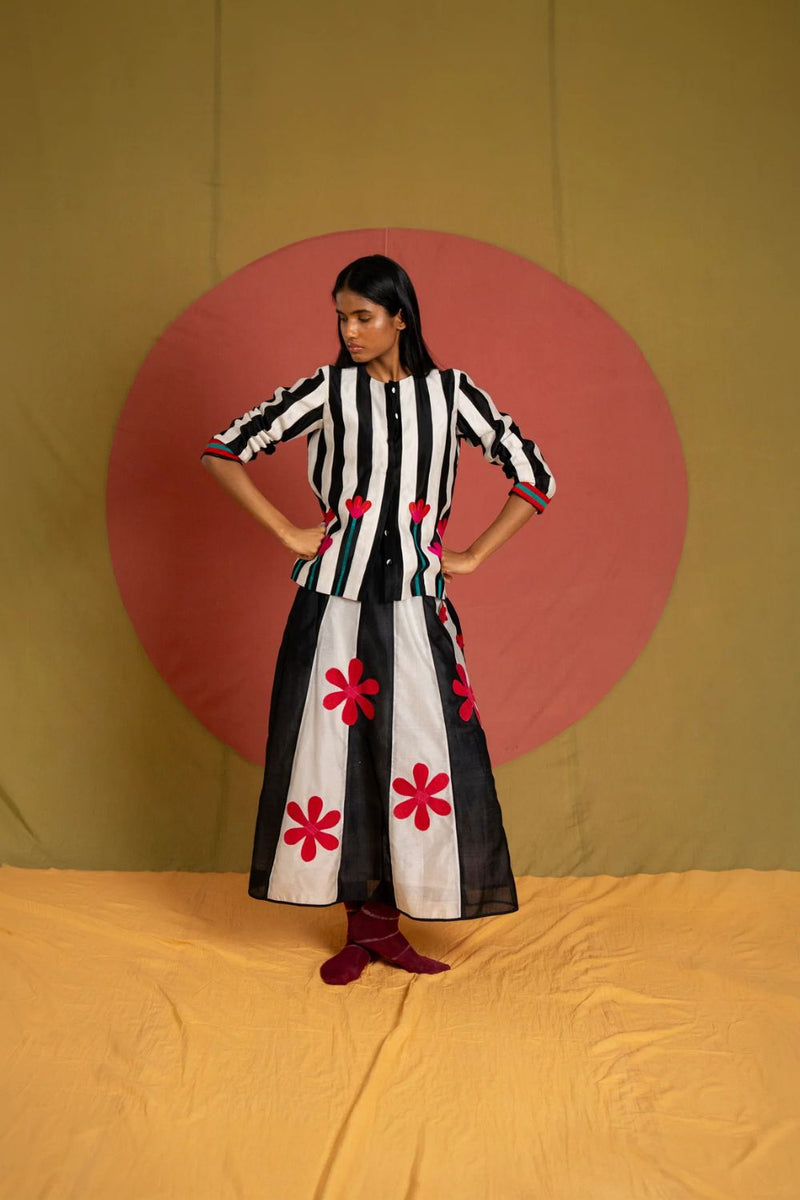 PW Florist Skirt-Black and White chanderi skirt by Ka-Sha in black for women Worldwide