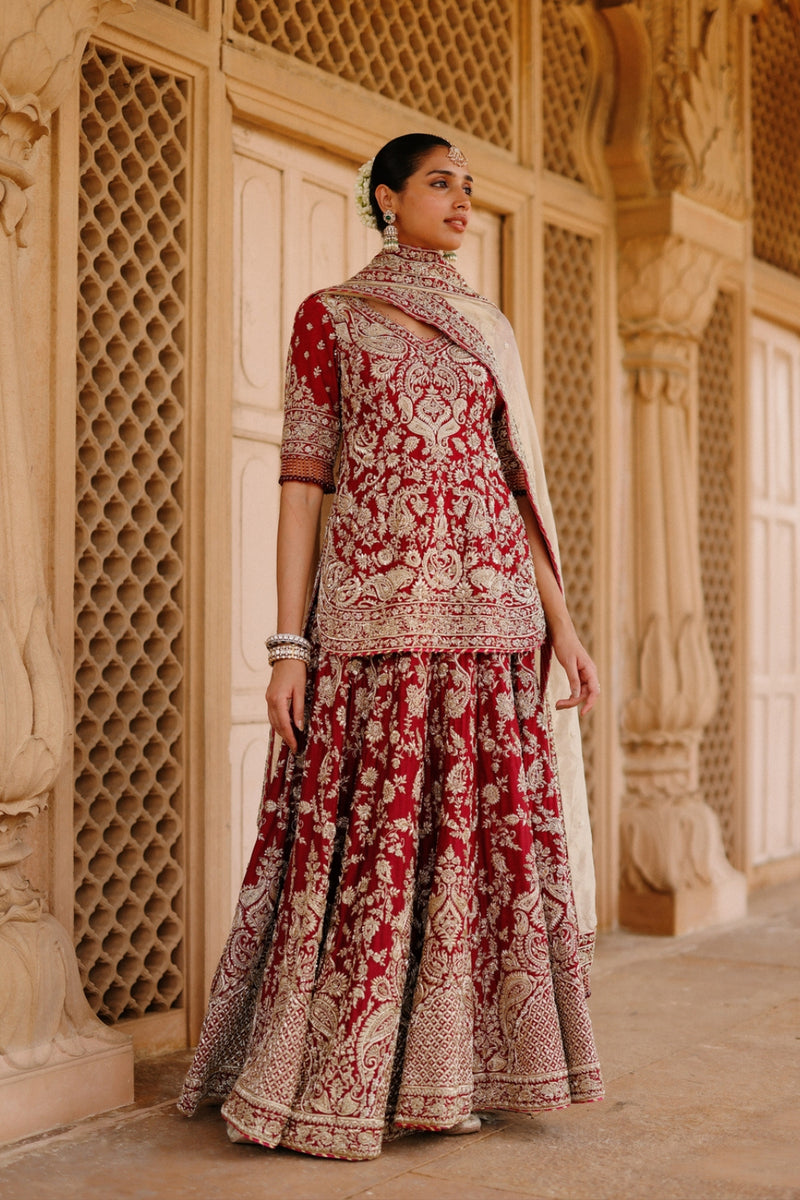 Merab-Deep Red Kurta Set With Lehenga And Dupatta silk chanderi, tissue lehenga sets by SHEETAL BATRA in red, yellow for women Worldwide