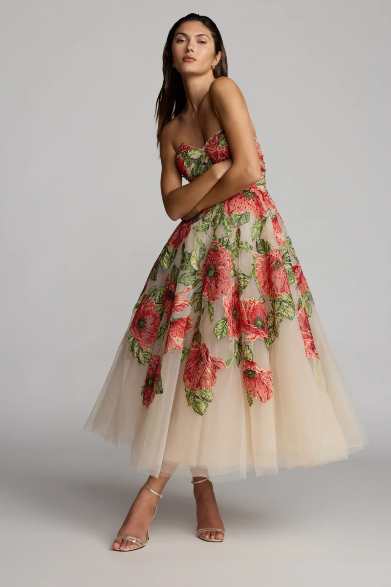 21300 - Beige Strapless Floral Embroidered A-Line Midi Dress by Mac Duggal in beige color for women Worldwide