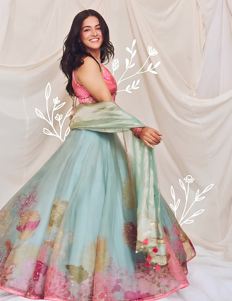 Wamiqa Gabbi Ice Blue Floral Organza Lehenga Set