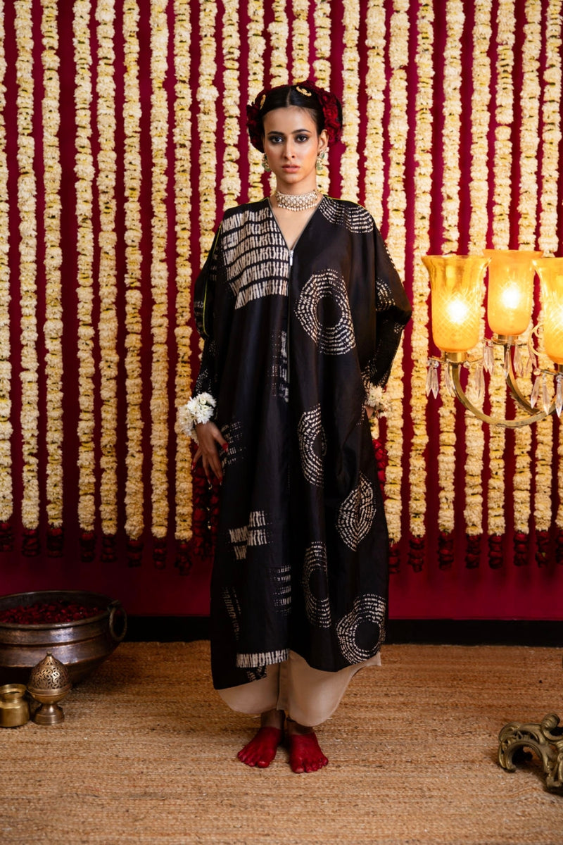 Shibori Silk Black Tunic & Pant Set-Lime Green Piping