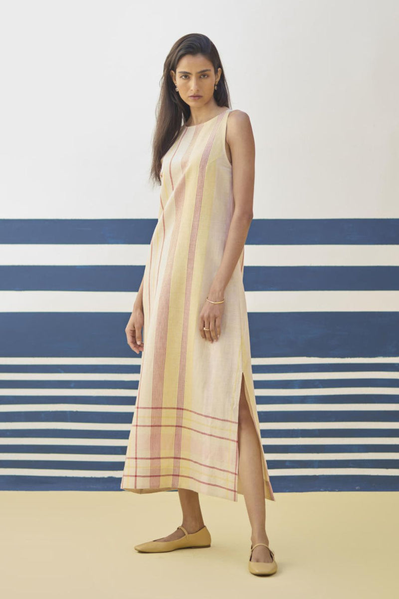 Inara Modern Check Linen Dress
 - Sand linen by Manan in natural color for women Worldwide