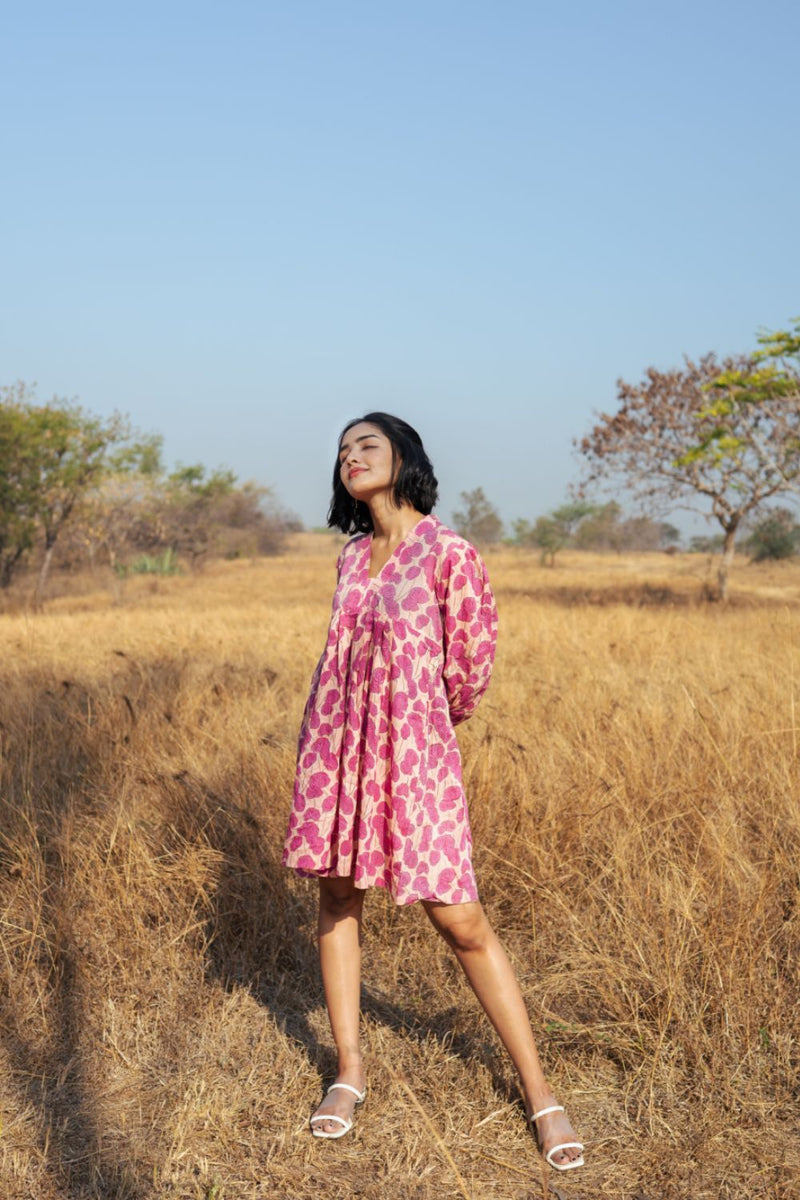 Mussoorie Dress - Handblock Printed Cotton Dress cotton by Marche in red color for women Worldwide