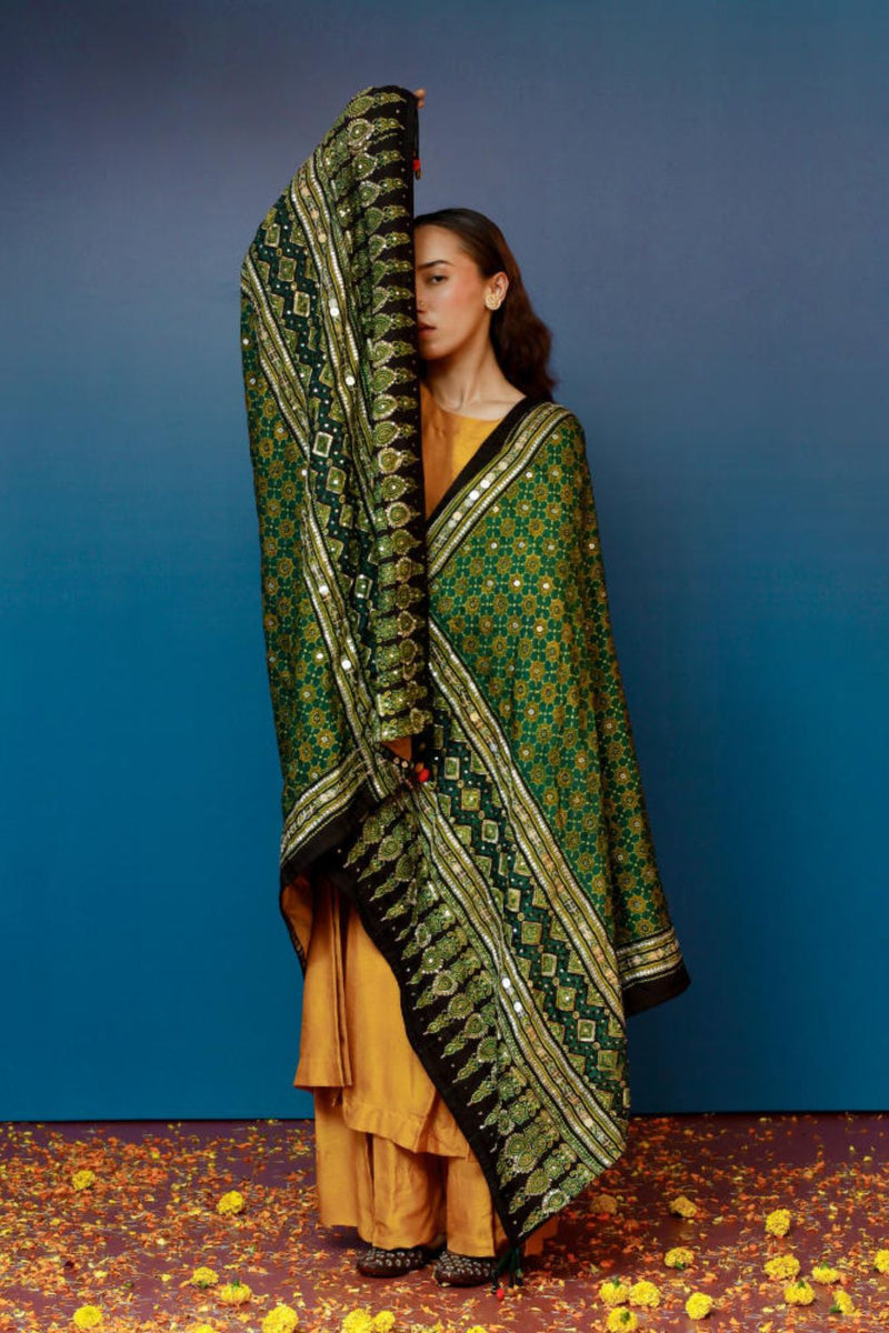 Dushala Green Ajrakh Reversible Wrap satin by PRAHNAAYA in green color for women Worldwide