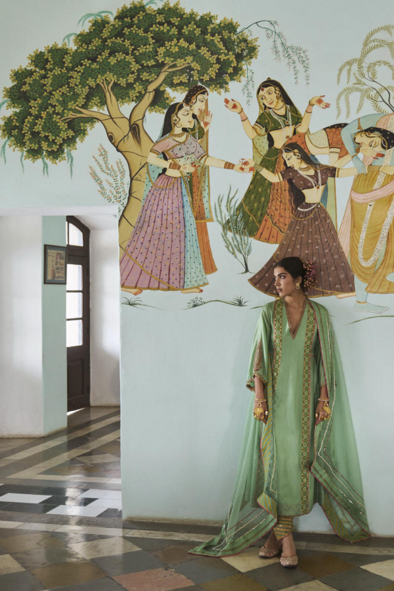 GUL SAGE GREEN SIDE KALI SILK KURTA SET silk by Rajiramniq for women Worldwide