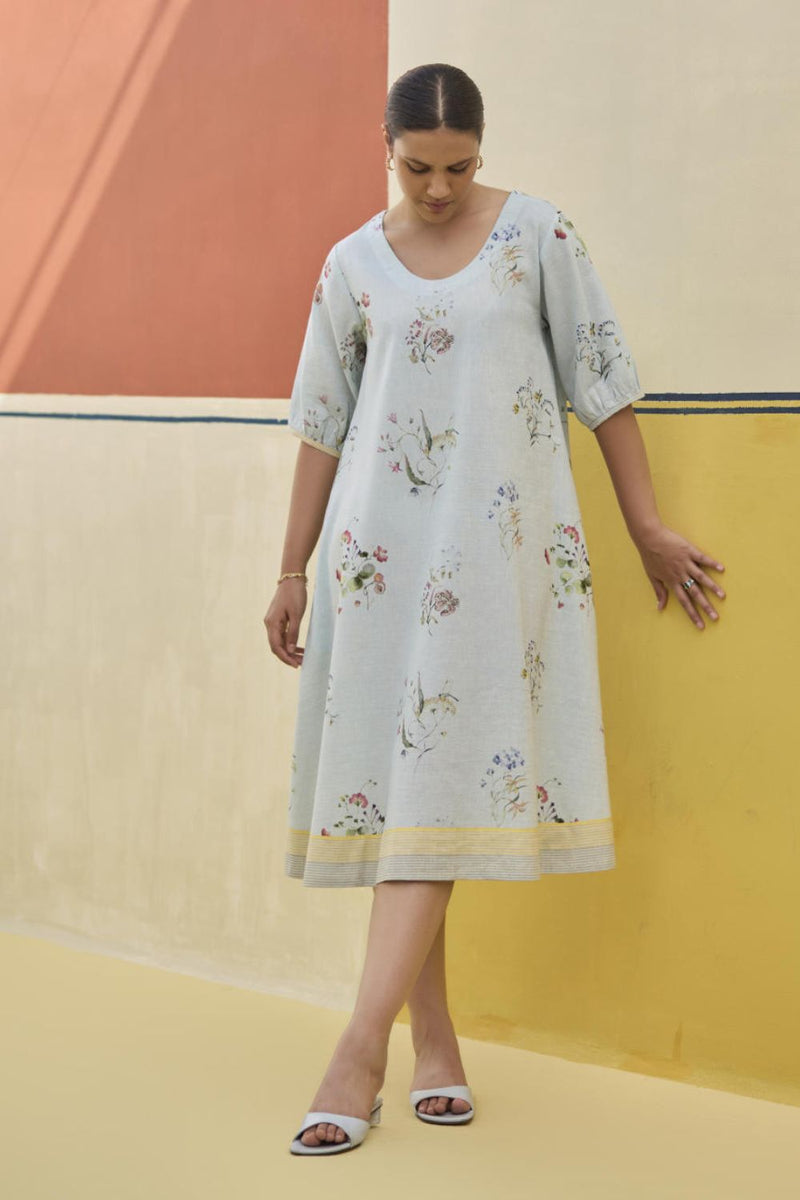 Kaya Watercolour Floral Linen Dress
 - Sky linen by Manan in blue color for women Worldwide