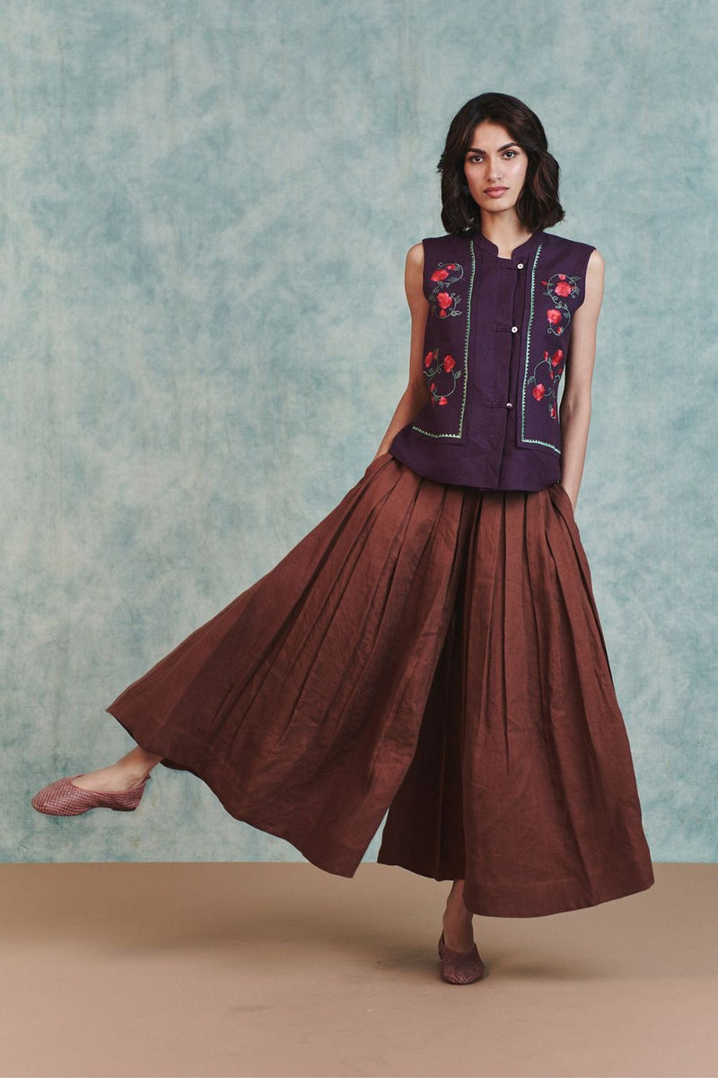 Chocolate Linen Multi-Pleated Pants 100% pure linen pant/trouser by Saphed in brown for women Worldwide