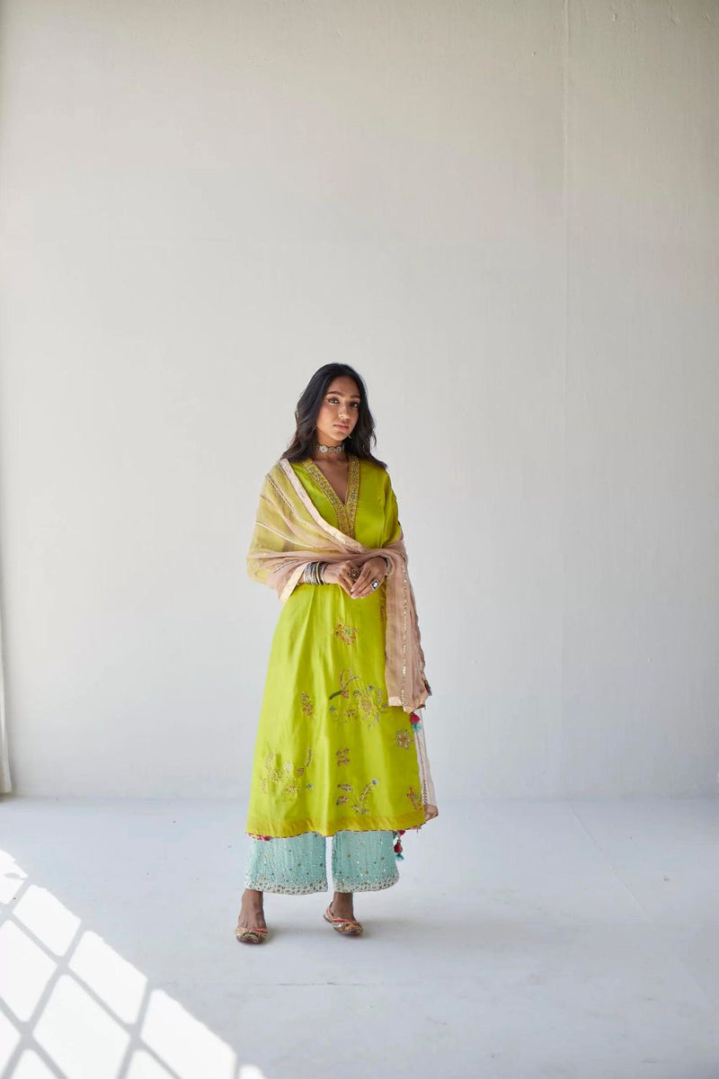 LIME GREEN JAAL SILK KURTA SET Kurta Sets by Rajiramniq for women Worldwide