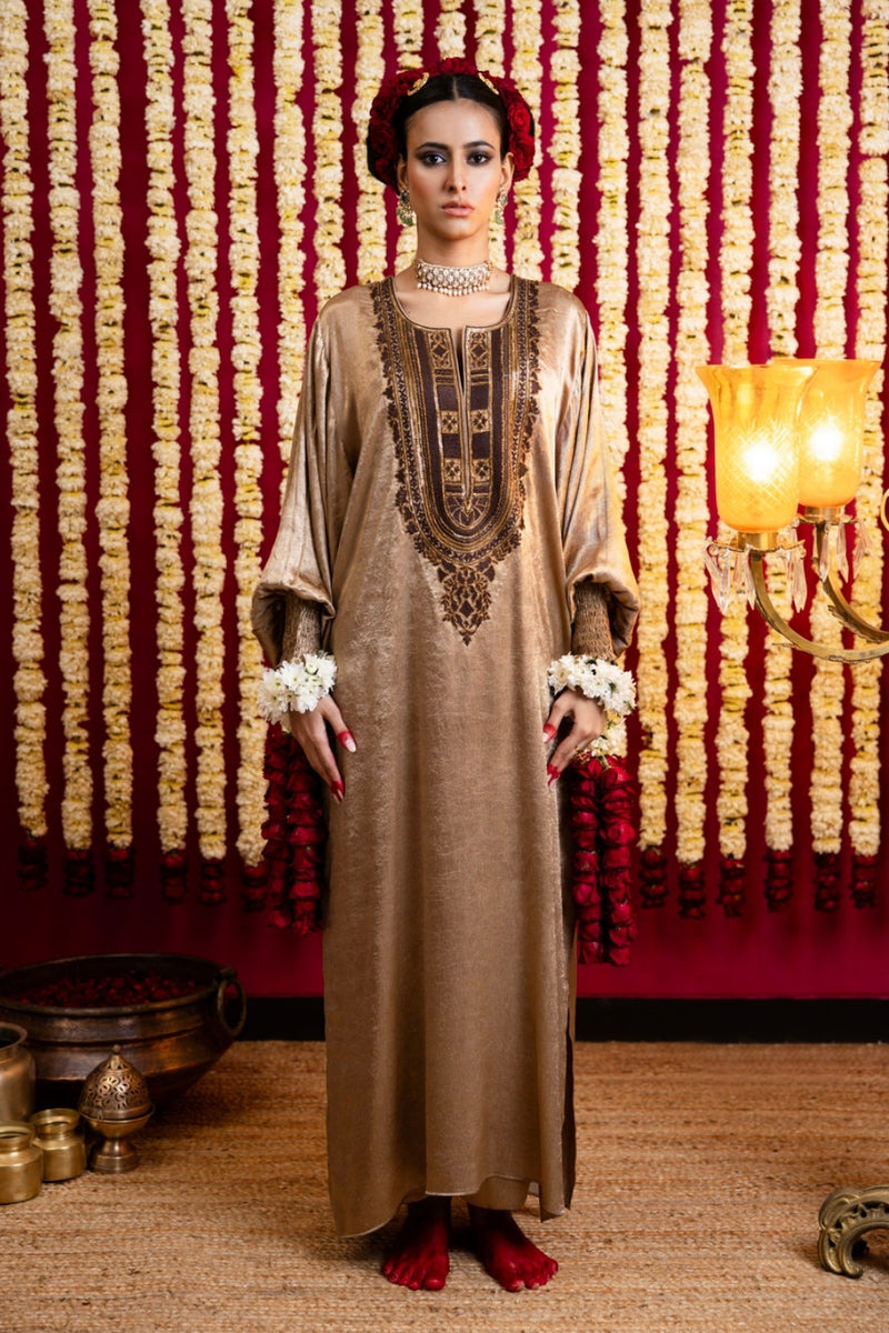 Beige Nude Shimmer Tunic & Pant Set-Beige / Nude crepe kurta/kurta set by Sabo by Sabina in beige for women Worldwide