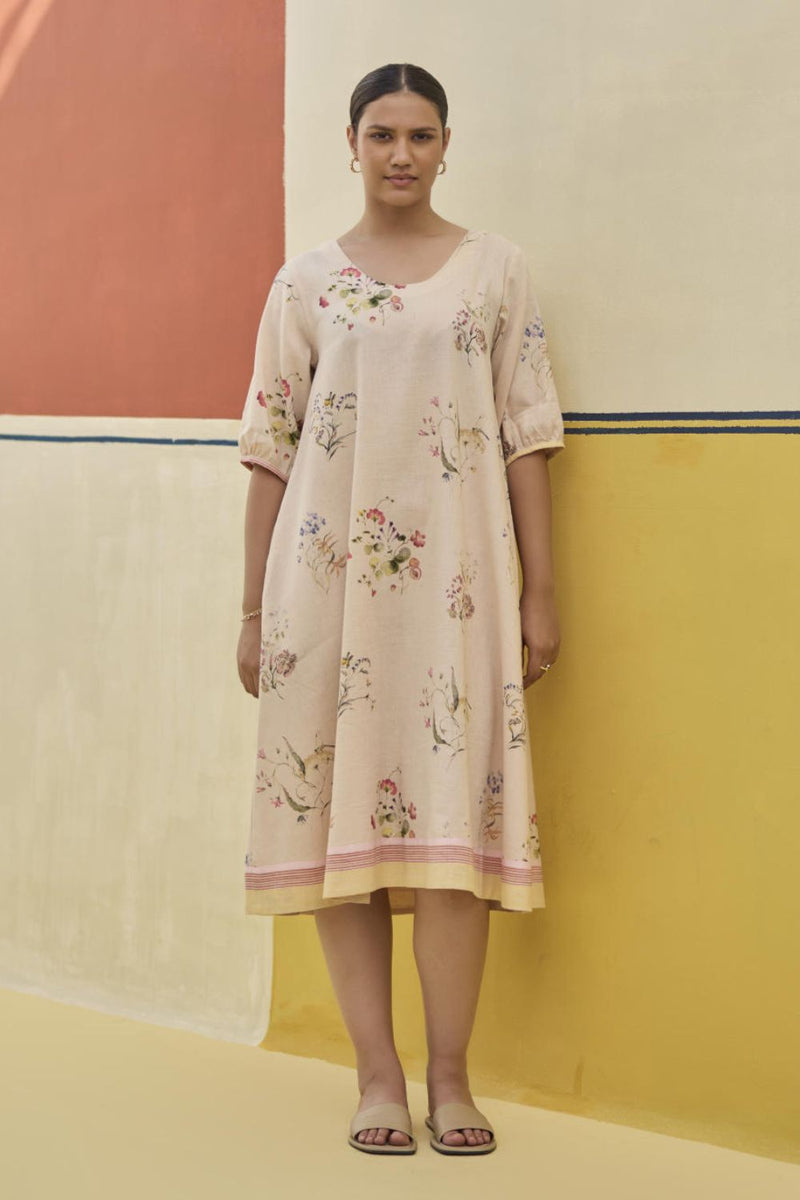 Kaya Watercolour Floral Linen Dress
 - Sand linen by Manan in natural color for women Worldwide