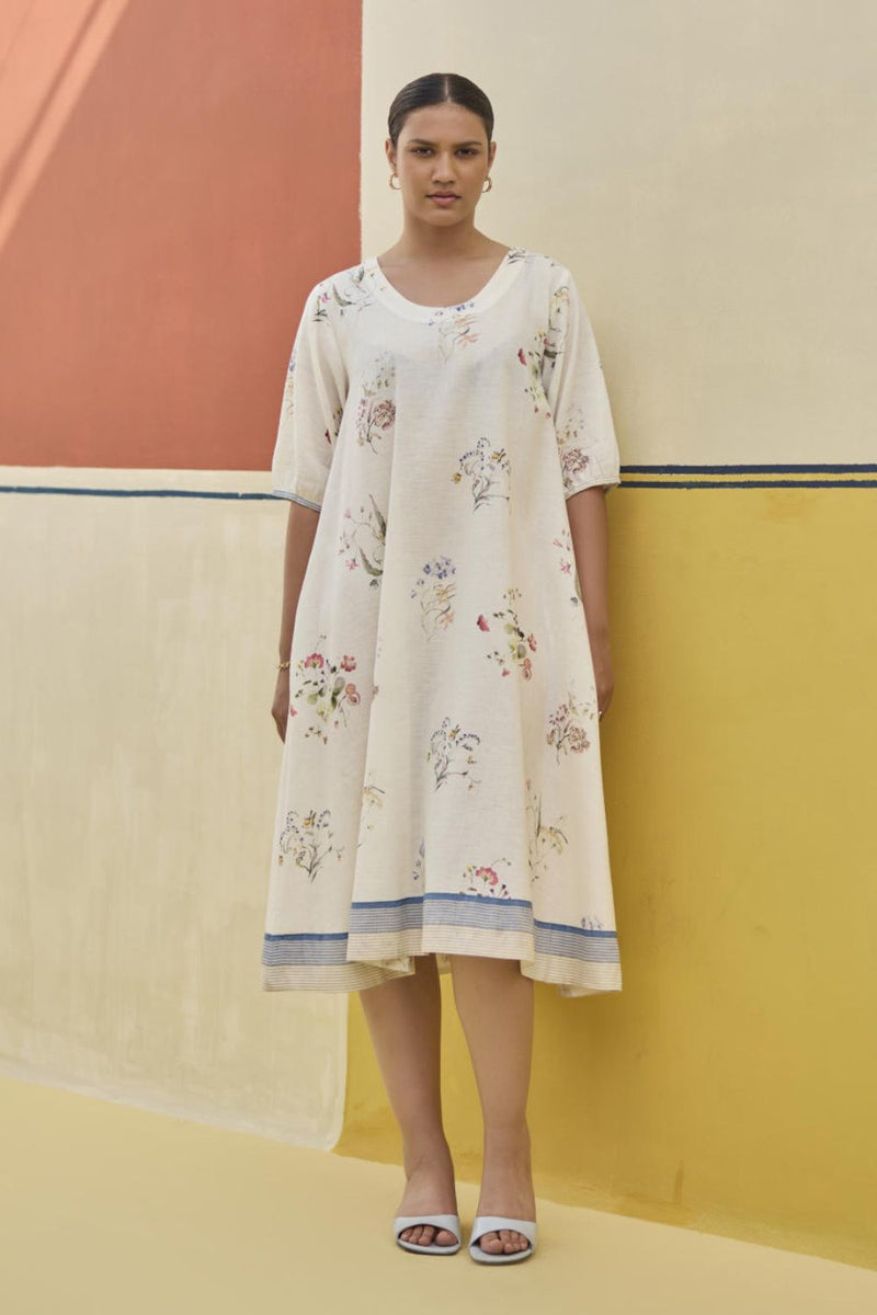 Kaya Watercolour Floral Linen Dress
 - Ivory linen by Manan in ivory color for women Worldwide