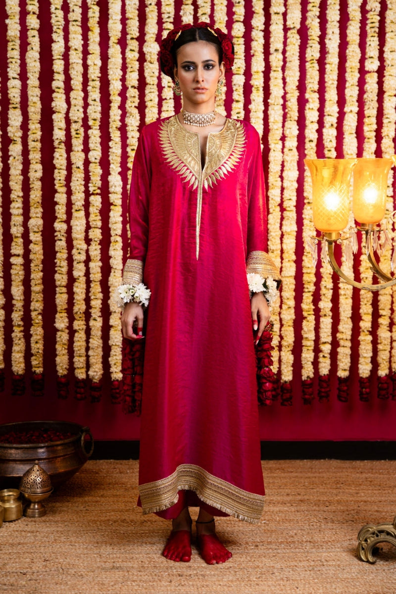 Coral Shimmer Tunic & Pant Set-Red / Pink Coral crepe kurta/kurta set by Sabo by Sabina in red for women Worldwide