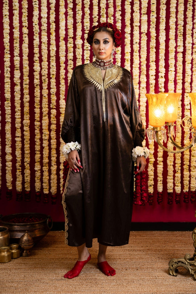 Chocolate Brown Shimmer Tunic & Pant Set-Chocolate Brown crepe kurta/kurta set by Sabo by Sabina in brown for women Worldwide