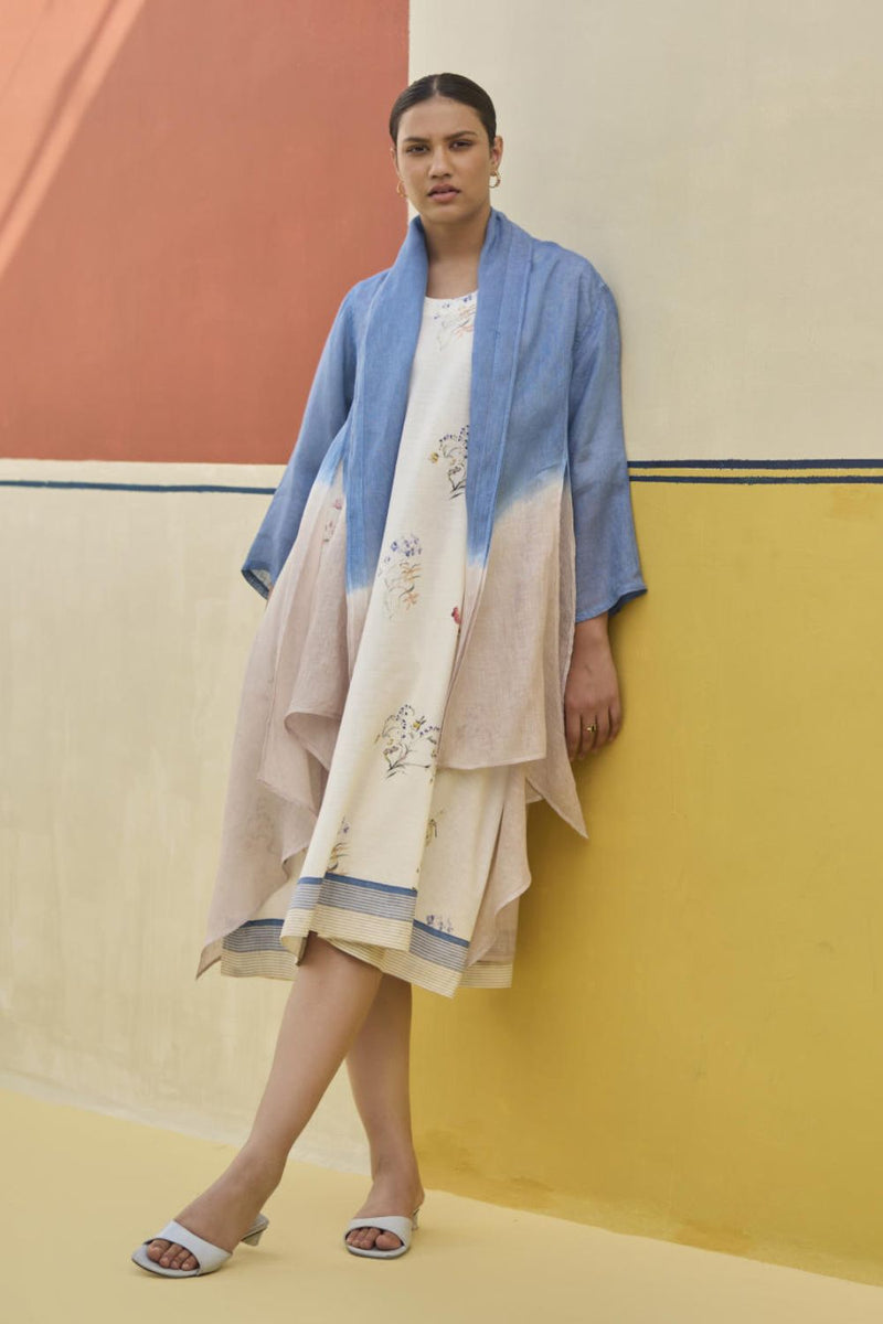 Kaya Floral Linen Dress With Overlay
 - Ivory linen by Manan in ivory color for women Worldwide