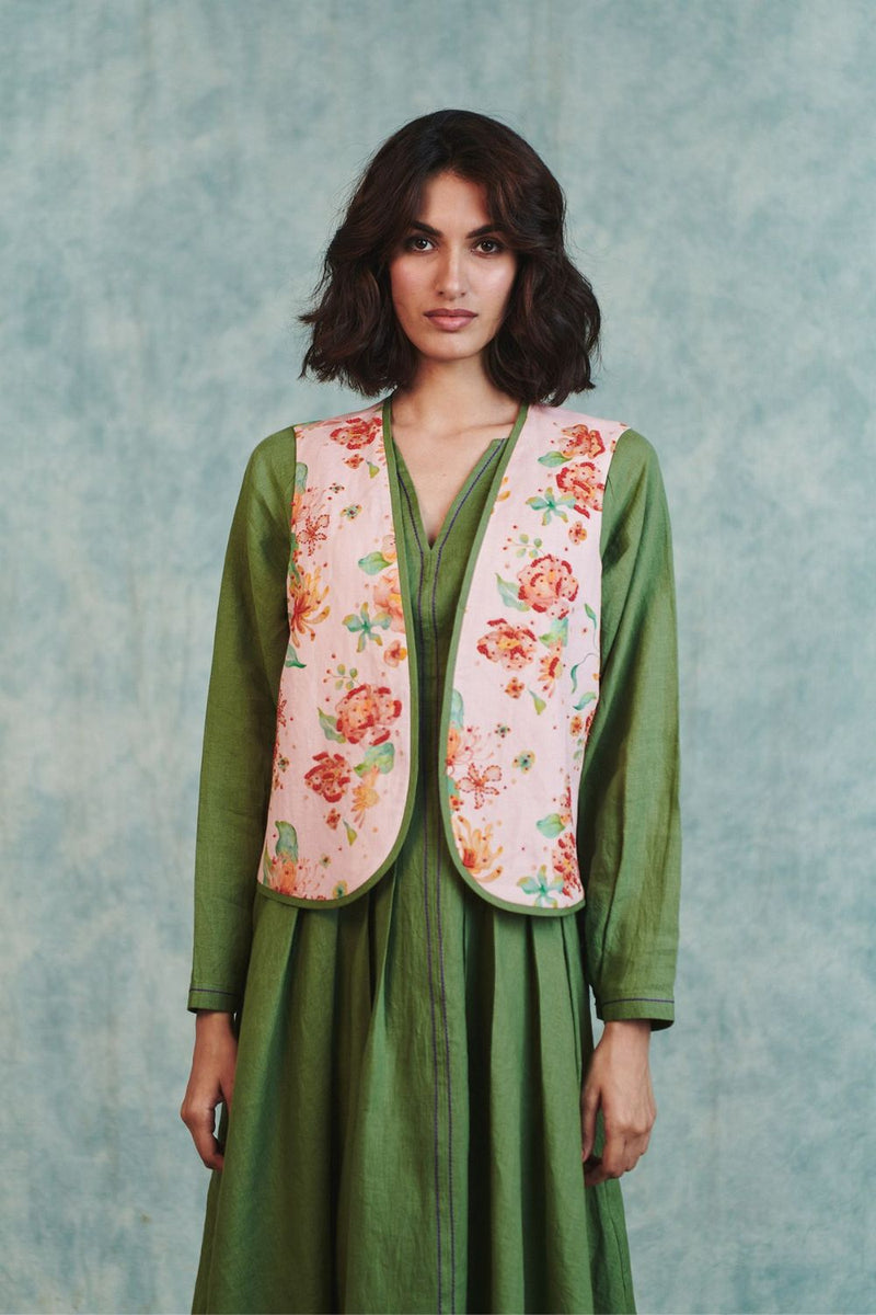Flora Co Linen Embroidered Rounded Waistcoat cotton linen jacket/overlay by Saphed in light pink for women Worldwide