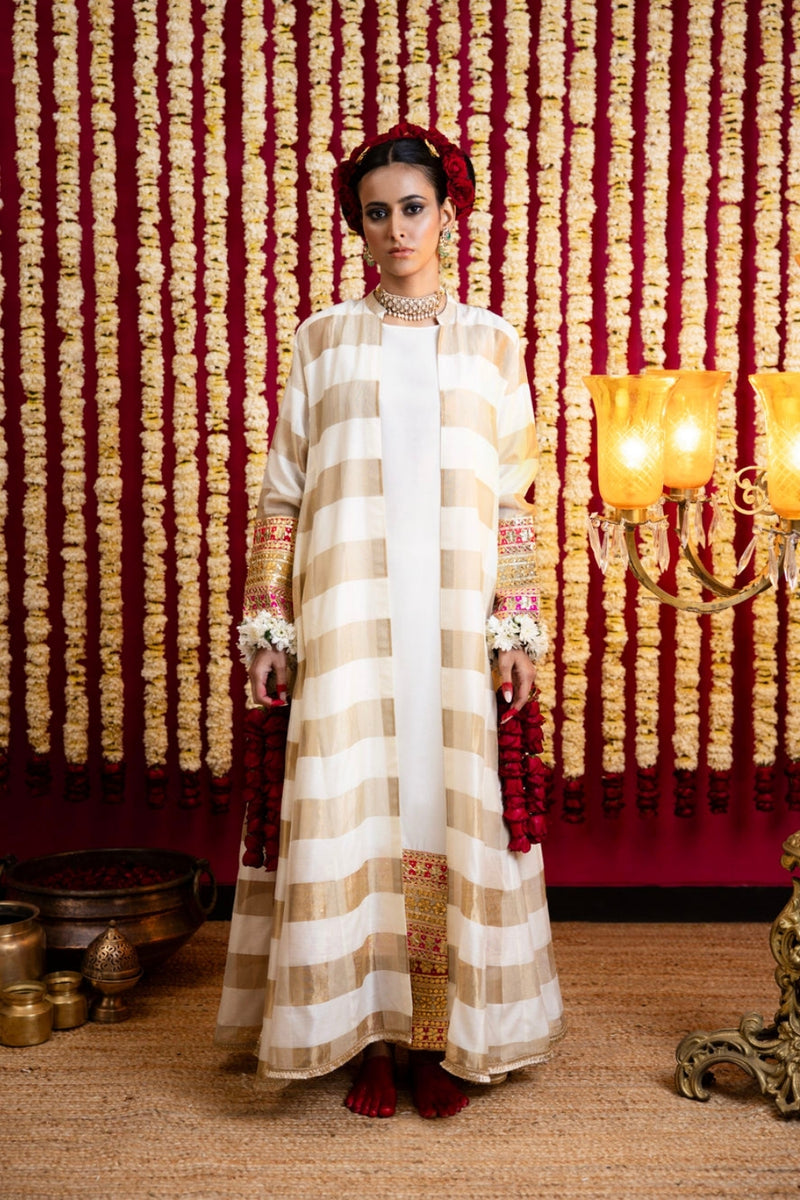 3 Pc Jacket, Inner & Pant Set-Offwhite / Gold chanderi silk indo-western by Sabo by Sabina in yellow for women Worldwide