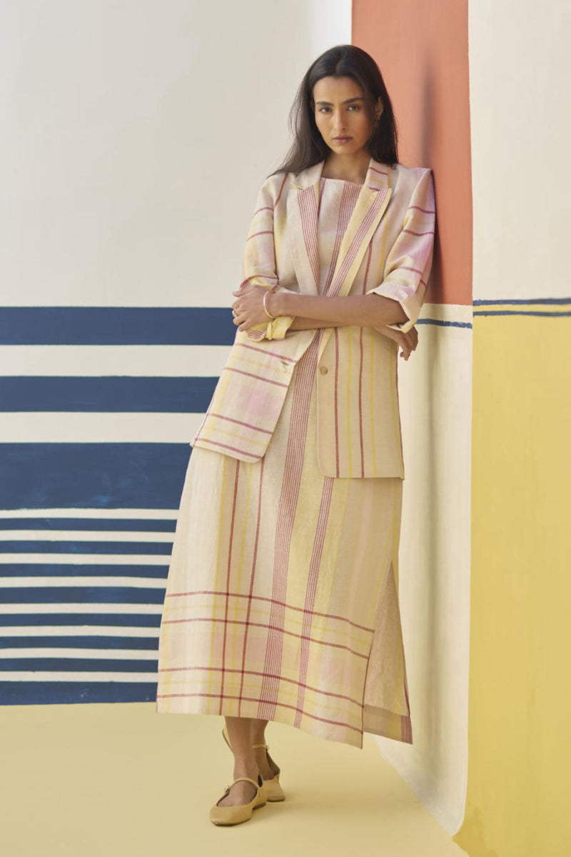 Inara Check Linen Dress With Blazer
 - Sand linen by Manan in natural color for women Worldwide