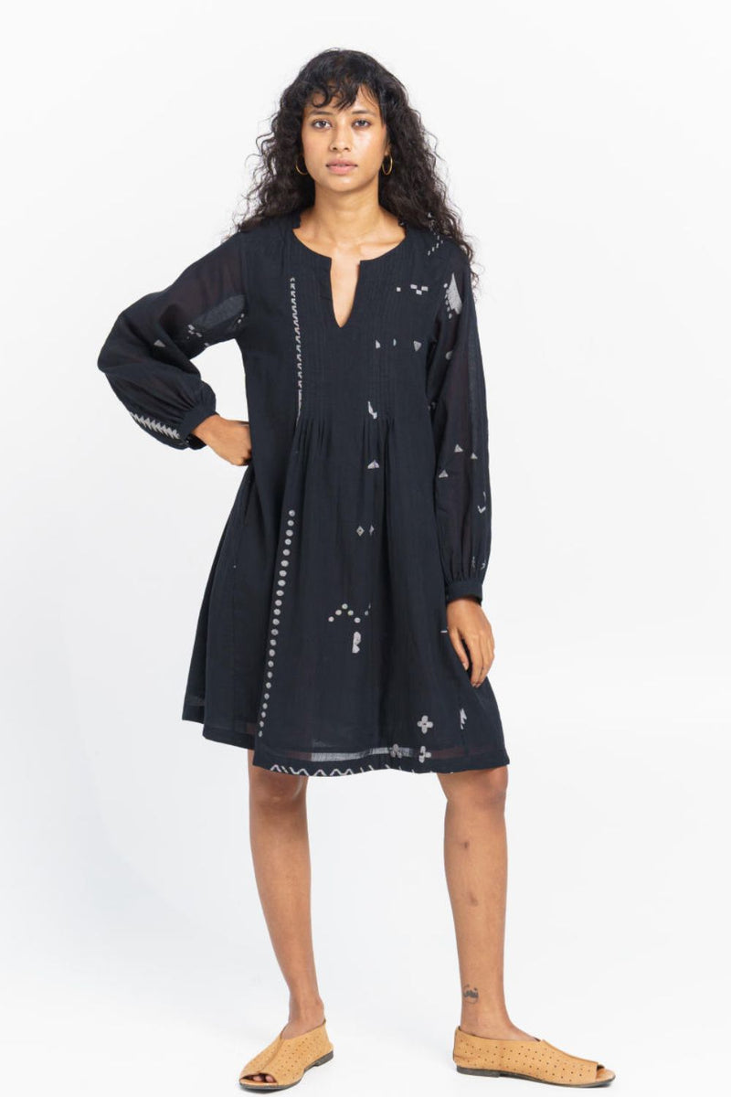 Hand-detailed relaxed short dress Dress by World of Crow in black color for women Worldwide