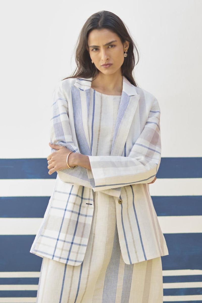 Inara Check Linen Dress With Blazer
 - Ivory linen by Manan in ivory color for women Worldwide