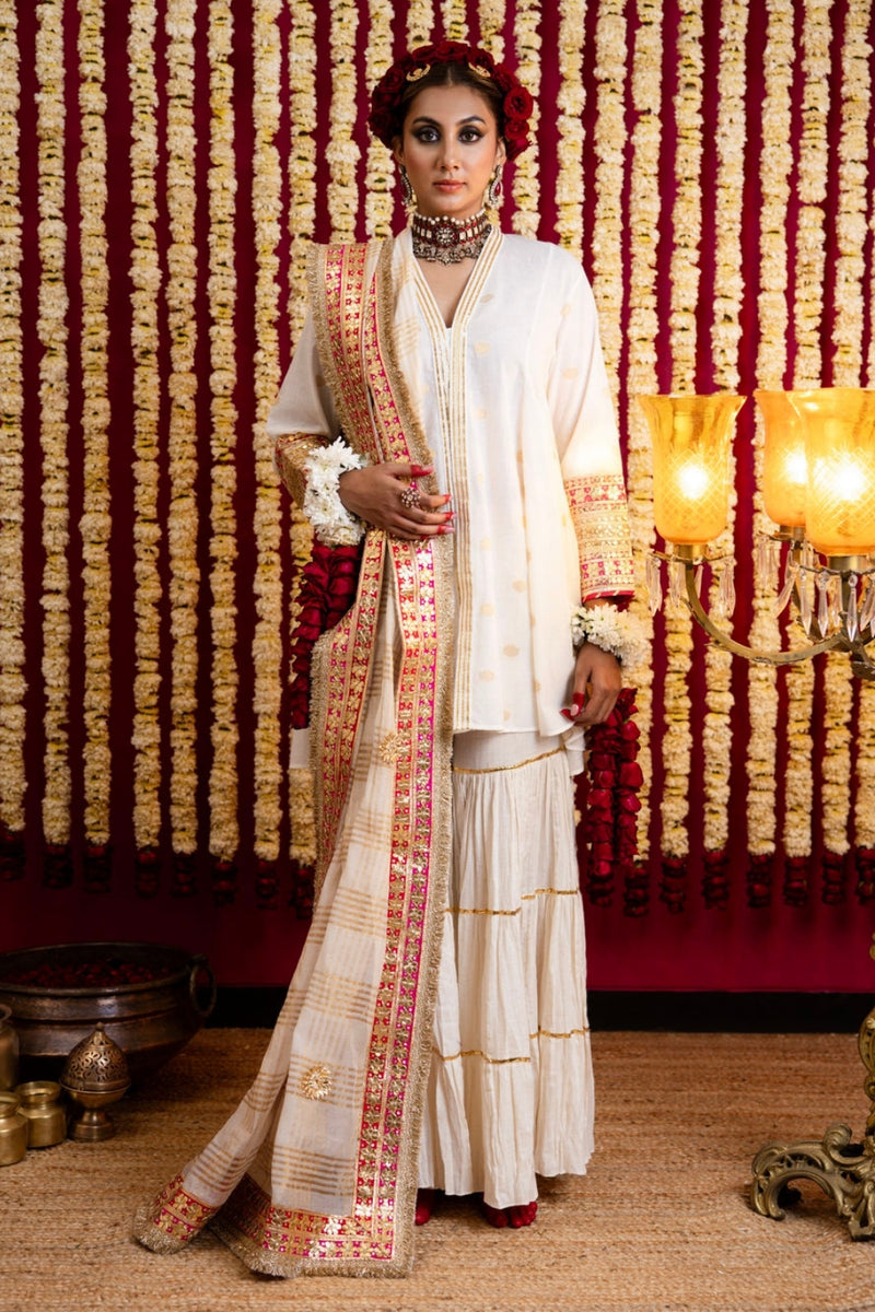 Offwhite Gharara & Gota Work Kurti set with Dupatta-Offwhite pure cotton kurta/kurta set by Sabo by Sabina in offwhite for women Worldwide