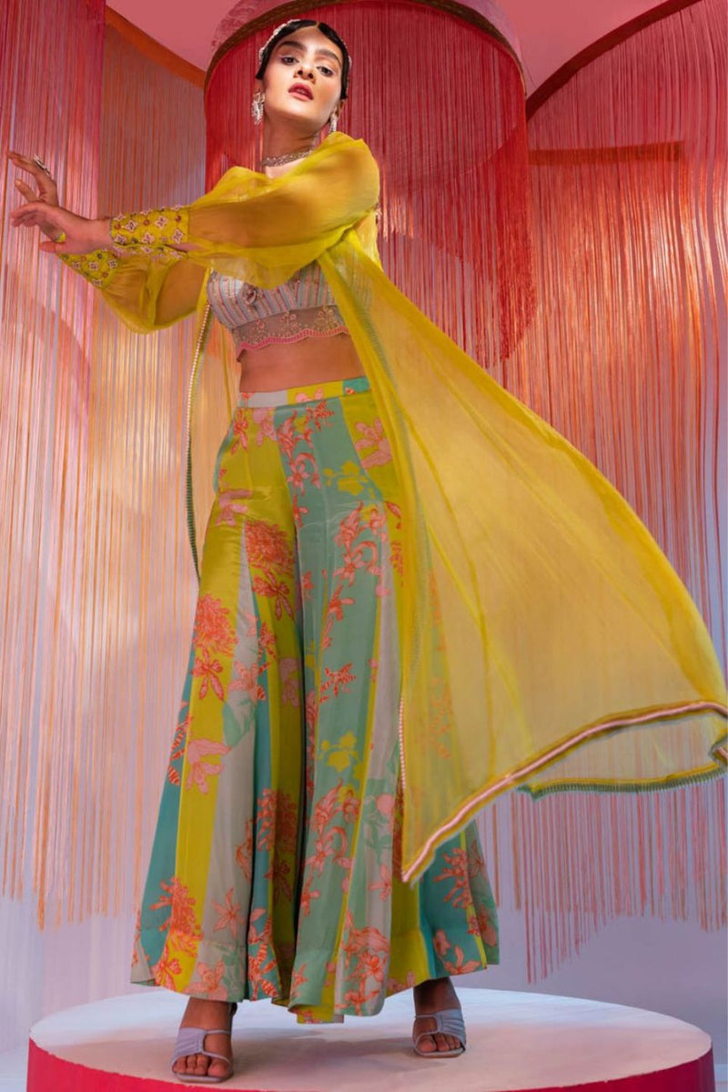 LIME GREEN ORCHID JACKET SET Kurta Sets by Rajiramniq for women Worldwide