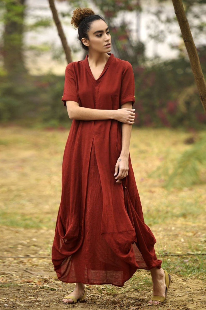 DEEP RED LOVE COWL AND DRAPE DRESS by Khara Kapas in red for women Worldwide