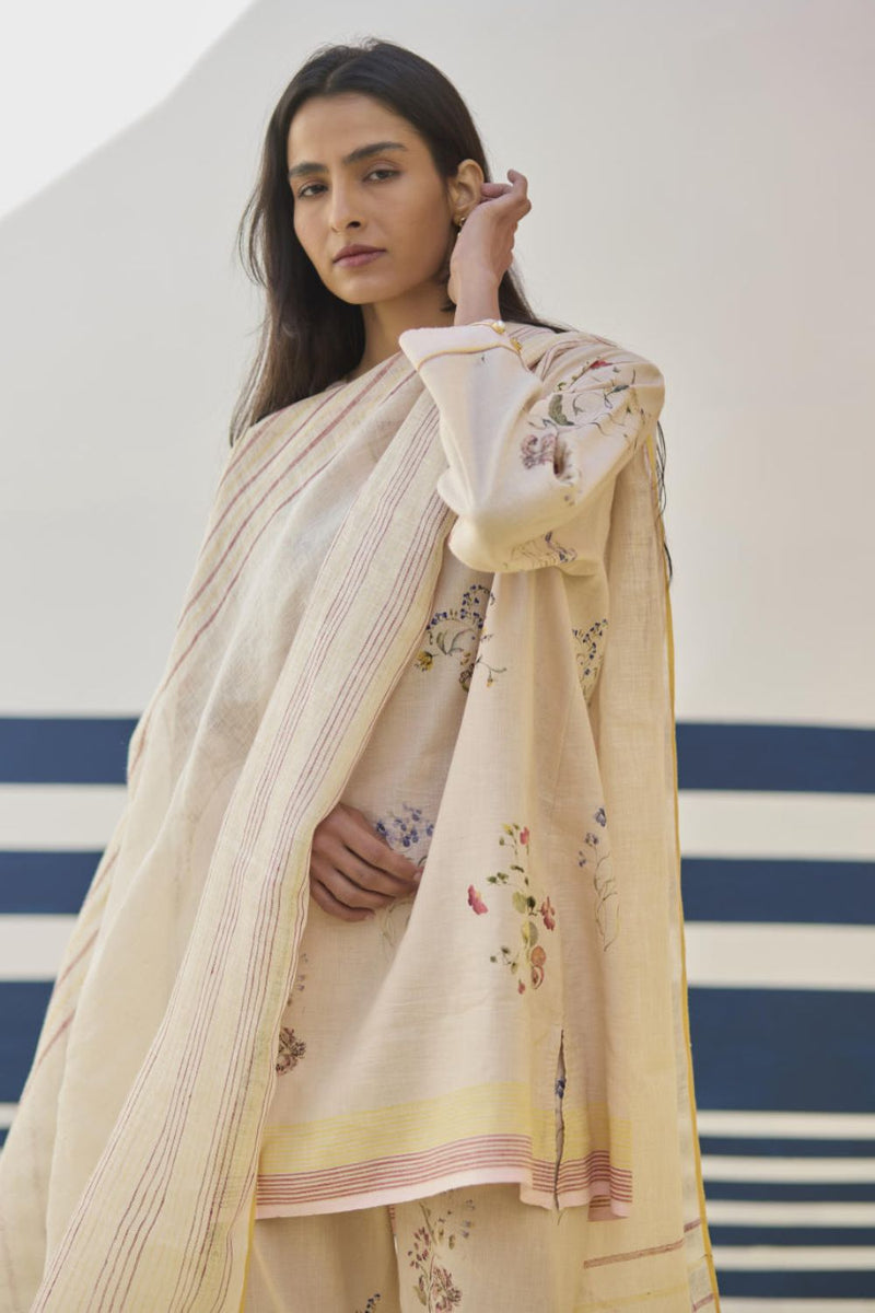 Mana Stripe Handloom Linen Dupatta - Sand by Manan in natural color for women Worldwide