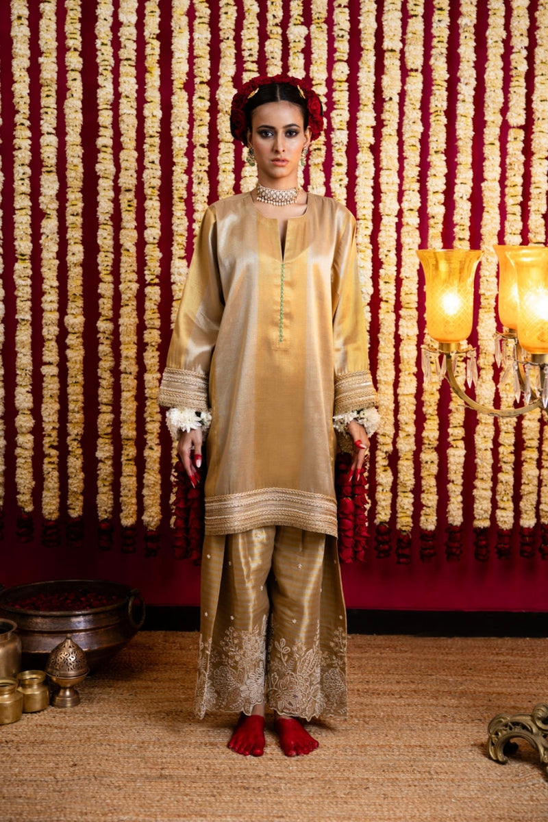 Silk & Gold Broad Striped Tissue Tunic & Pant Set-Emerald Green Backing tissue kurta/kurta set by Sabo by Sabina in green for women Worldwide
