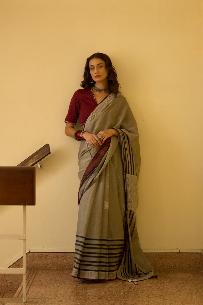 Sudha Sari silk cotton jamdani by SWATTI KAPOOR in white for women Worldwide