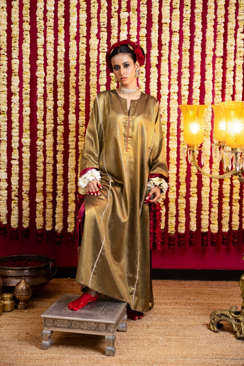 Tissue Tunic & Velvet Pant Set-Antique Gold Tunic / Maroon-Red Farshi Izhaar tissue kurta/kurta set by Sabo by Sabina in yellow for women Worldwide