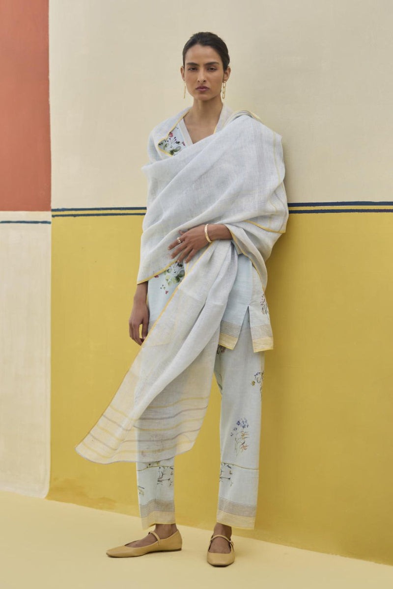 Mana Stripe Handloom Linen Dupatta - Sky by Manan in blue color for women Worldwide